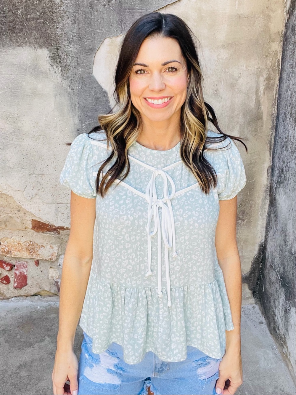 Kori Light Green Floral Tie-Front Peplum Blouse